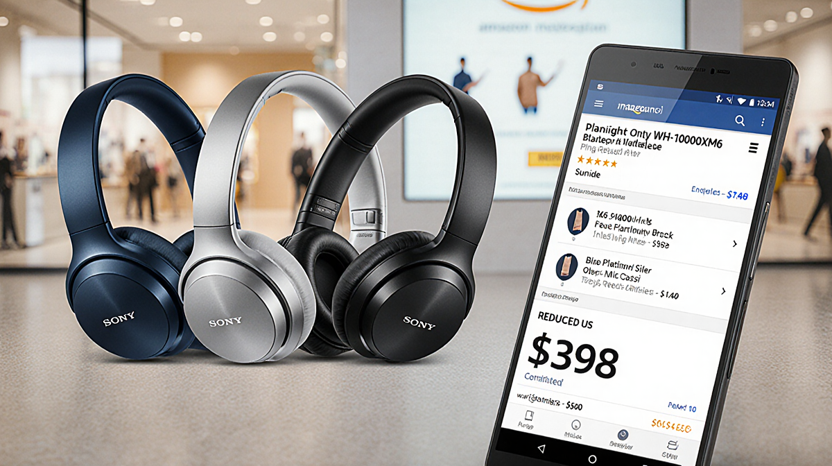 Three Sony WH-1000XM6 headphones in blue silver black on neutral background with blurred storefront $398 tag $62 discount.