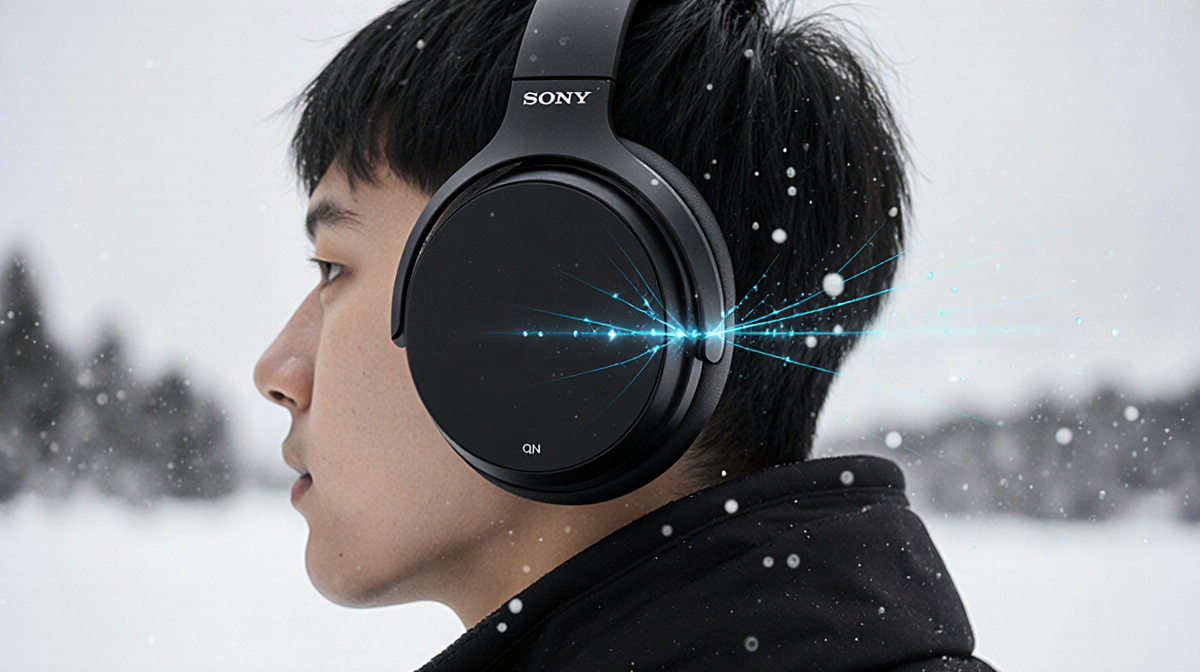 Person wearing Sony WH-1000XM6 headphones shows noise-canceling waves with snowy background