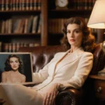 Sophia Loren relaxing in vintage library with leather books and golden lighting illuminating her elegant presence