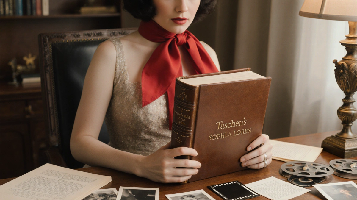 Woman cradles Sophia Loren monograph while sitting at vintage desk with scattered photographs and film reels
