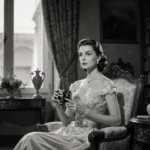 Sophia Loren poses in elegant gown with vintage camera and ornate library background