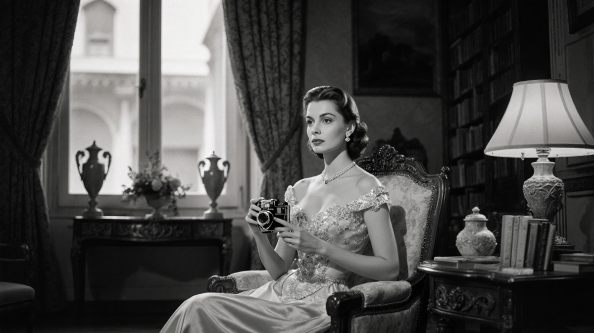 Sophia Loren poses in elegant gown with vintage camera and ornate library background
