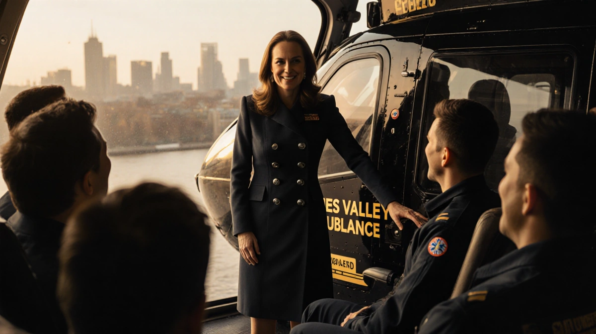 Sophie Duchess of Edinburgh stands beside Thames Valley Air Ambulance helicopter with crew members smiling warmly and London