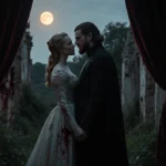 Sophie Turner and Kit Harington gazing at each other with bloodstained Victorian clothes and rising moon behind mansion ruins