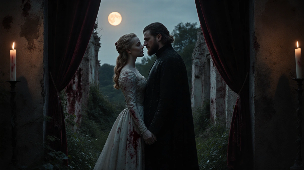 Sophie Turner and Kit Harington gazing at each other with bloodstained Victorian clothes and rising moon behind mansion ruins