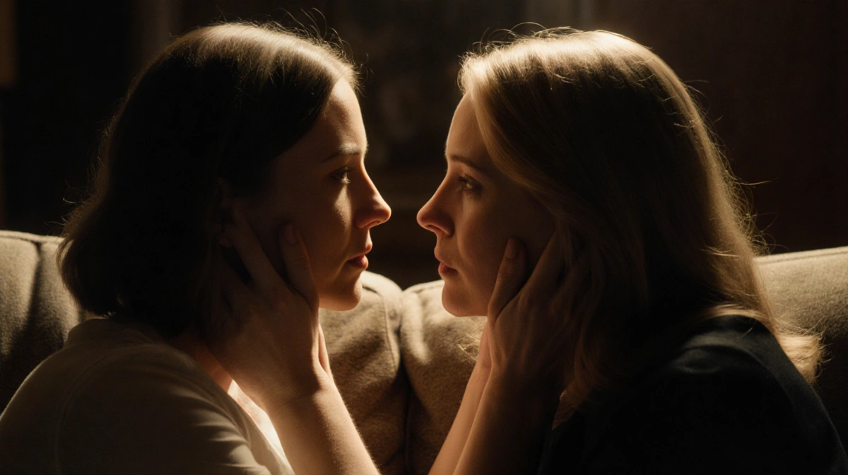 Sophie and Margo sitting close with hands touching and faces nearly touching in romantic tension