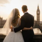 Sophie Stanbury and fiancé Mark Wilson stand back-to-back with London sunset skyline and Big Ben behind them