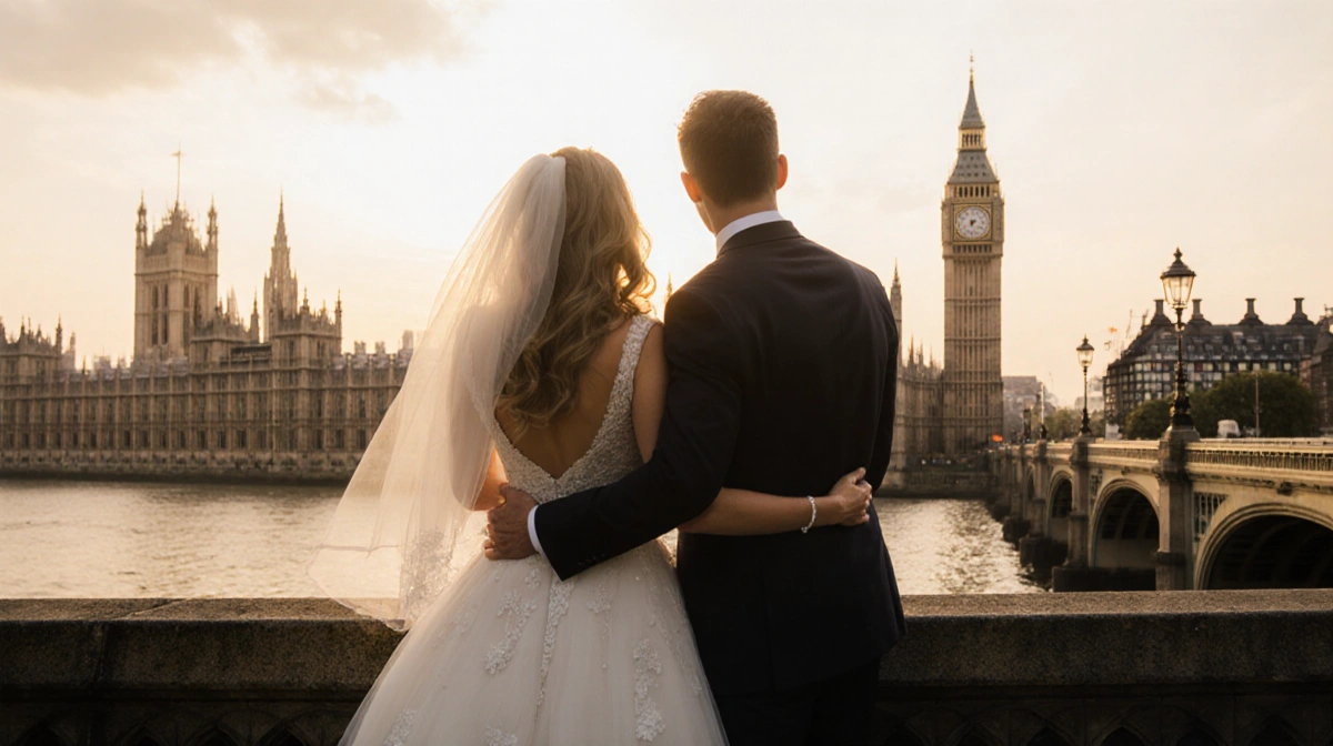 Sophie Stanbury and fiancé Mark Wilson stand back-to-back with London sunset skyline and Big Ben behind them