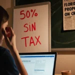 Young woman sits frustrated at laptop with OnlyFans dashboard and 50% sin tax written on whiteboard beside newspaper headline