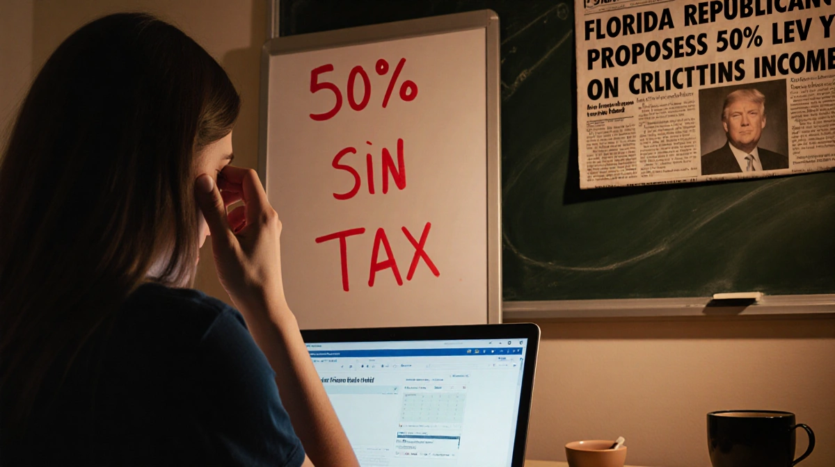 Young woman sits frustrated at laptop with OnlyFans dashboard and 50% sin tax written on whiteboard beside newspaper headline