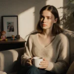 Sophie Turner sits with coffee cup and family photos showing contemplative expression in cozy living room