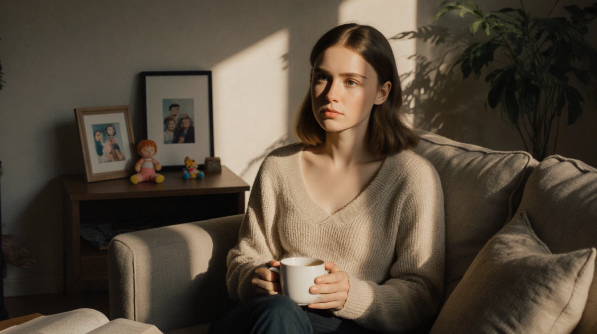 Sophie Turner sits with coffee cup and family photos showing contemplative expression in cozy living room