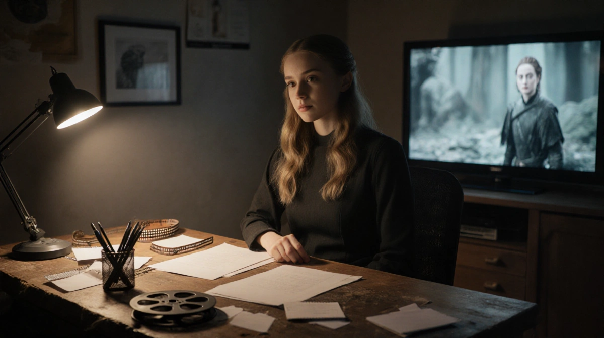 Sophie Turner sits at worn desk with paused film reel behind her and blurred Game of Thrones scene on nearby TV