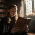 Sophie Turner sits in a candlelit study holding a worn leather book with a Game of Thrones sigil and a soft golden glow.