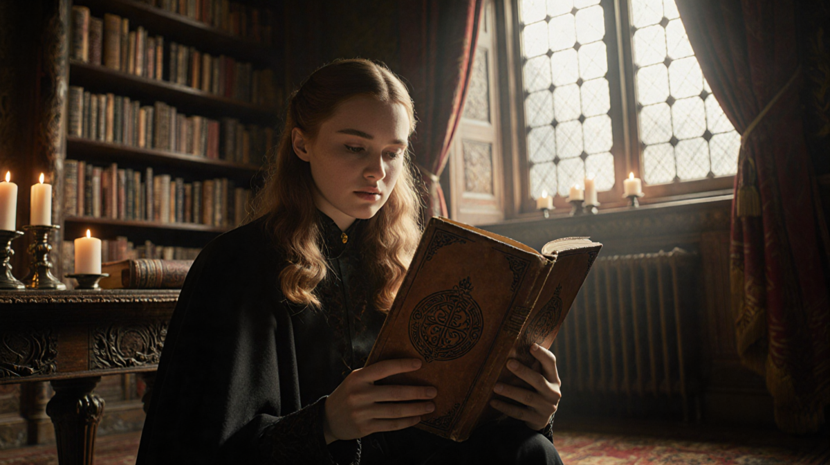 Sophie Turner sits in a candlelit study holding a worn leather book with a Game of Thrones sigil and a soft golden glow.