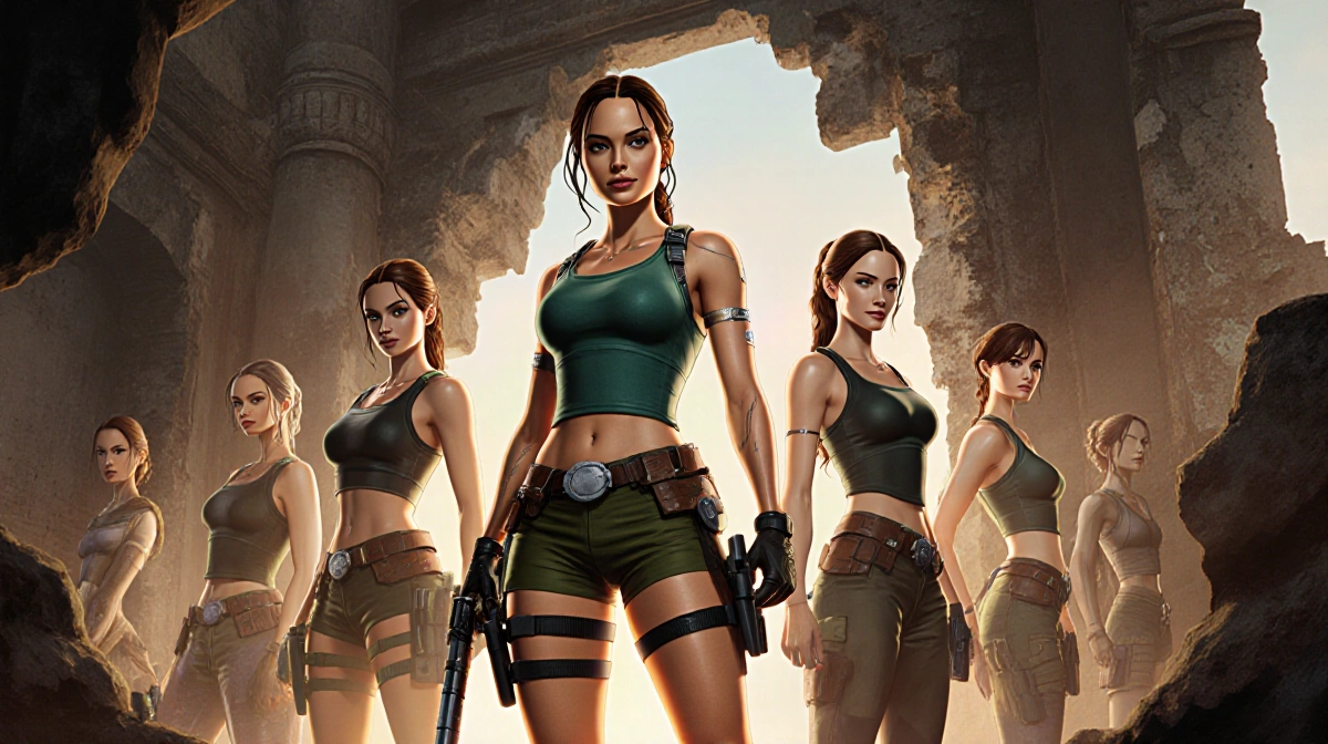 Sophie Turner as Lara Croft stands confidently with Angelina Jolie and Alicia Vikander versions behind her in ancient ruins s