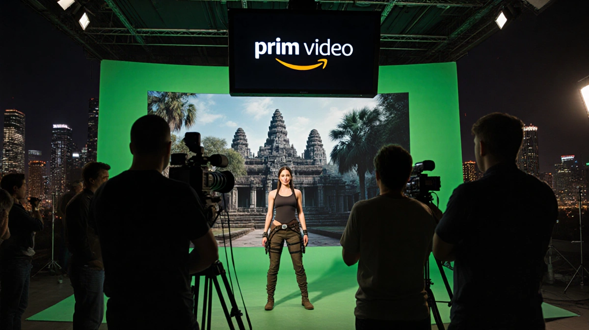 Sophie Turner as Lara Croft stands confidently on set with cameras rolling and ancient temple backdrop behind her