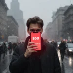 Person holds phone showing red SOS screen with frantic expression and blurred city street behind