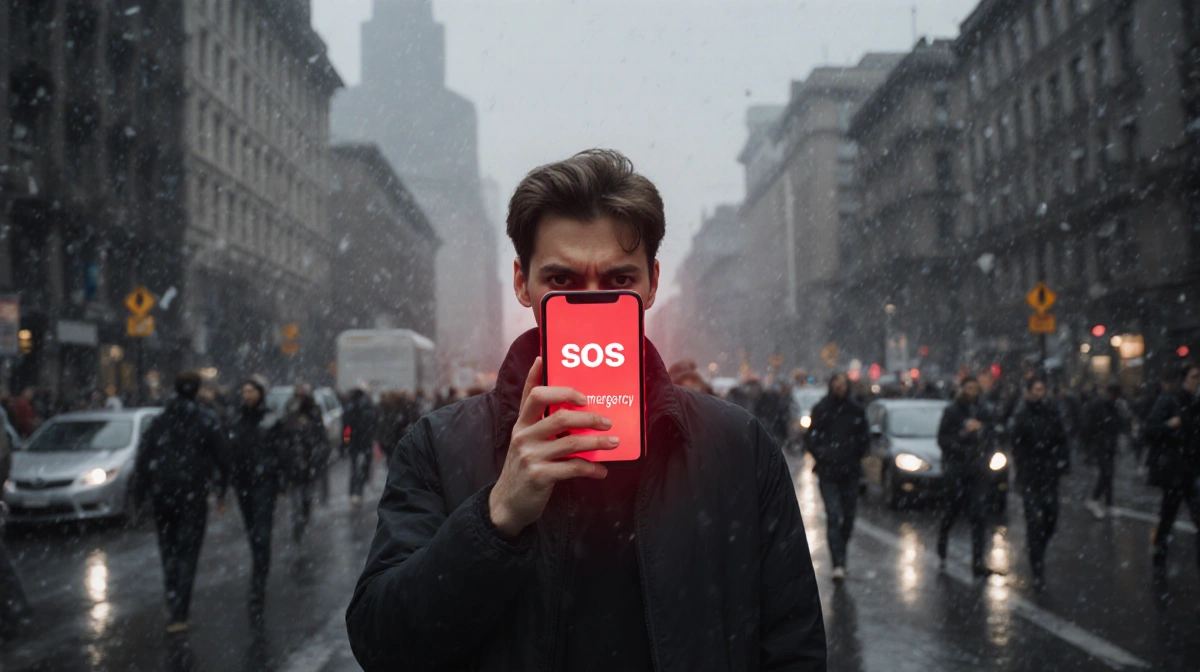 Person holds phone showing red SOS screen with frantic expression and blurred city street behind