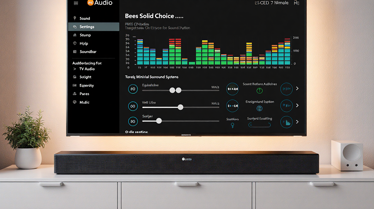 Soundbar glowing warmly in front of a modern TV screen showing audio settings with minimal surround-sound cues
