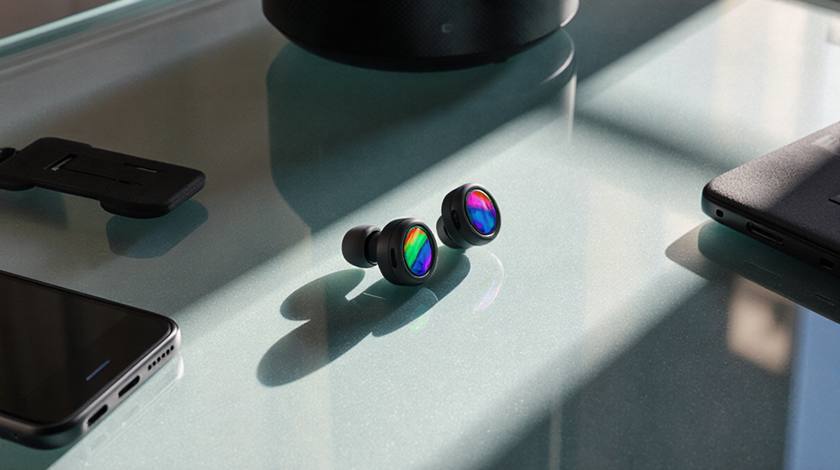 Soundcore P20I Earbuds resting on a modern desk with natural light highlighting colorful accents