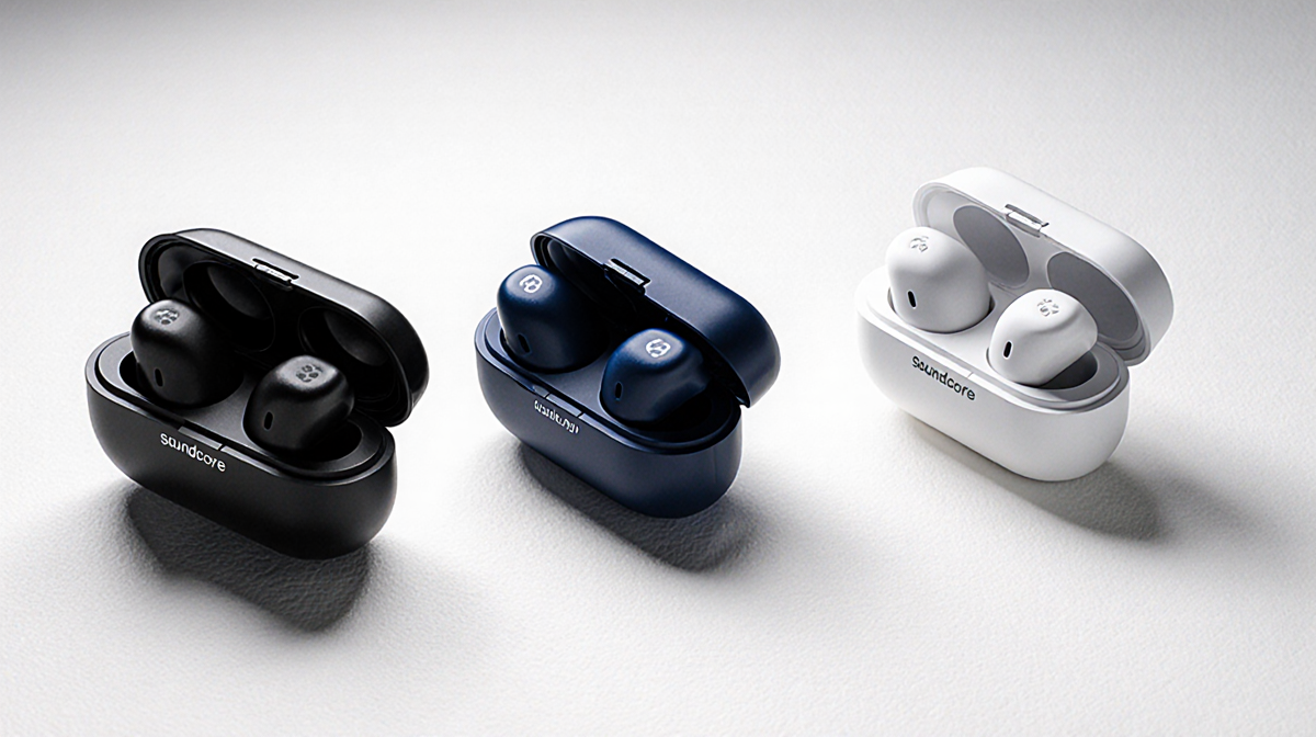 Three Soundcore P20I earbuds angled in black navy blue and white sit on a white gradient background
