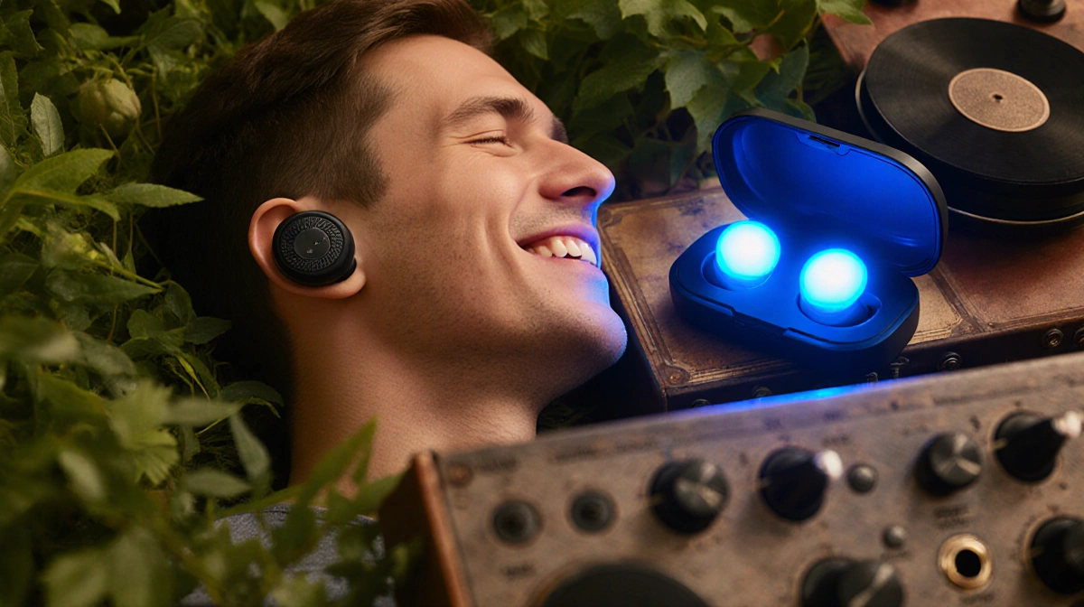 Person wearing Soundcore P20i earbuds while relaxing among vintage audio equipment with blue light glowing from earbuds