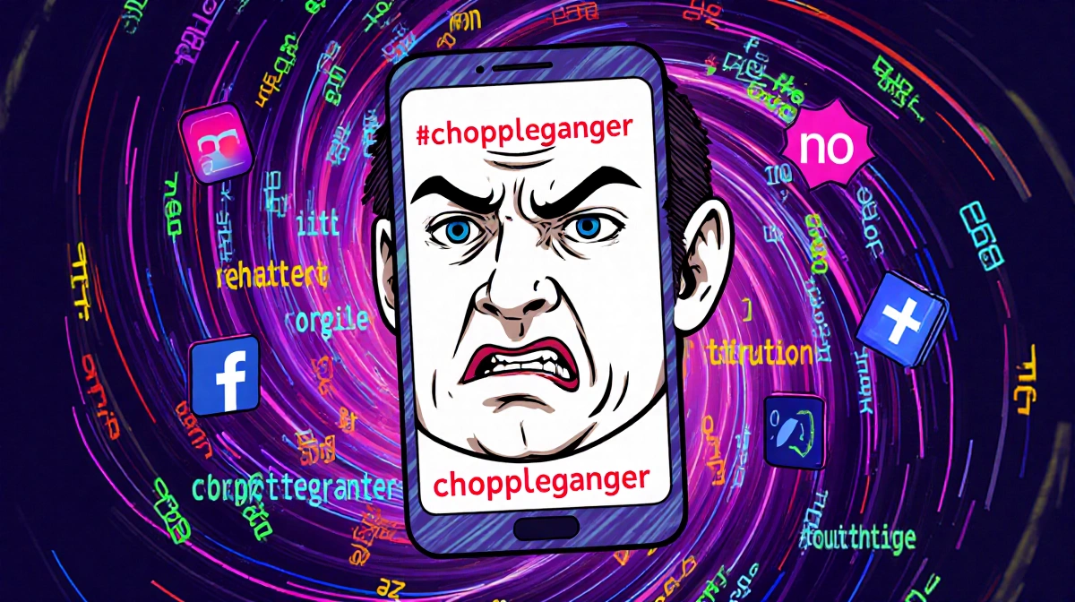 Frustrated person shaking head with swirling code streams and smartphone showing choppleganger term with neon graphics