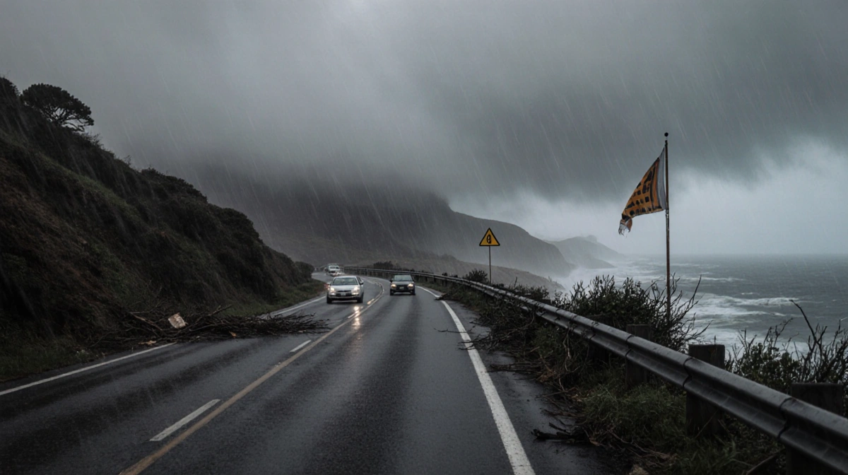 Coastal road winds along wet asphalt with overgrown guardrail and fog rolling from ocean