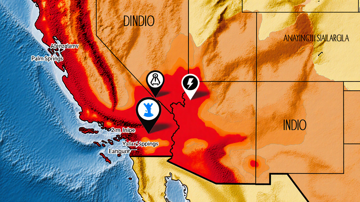 Map highlights earthquake activity in Southern California with red markers for quakes and orange zones around Indio