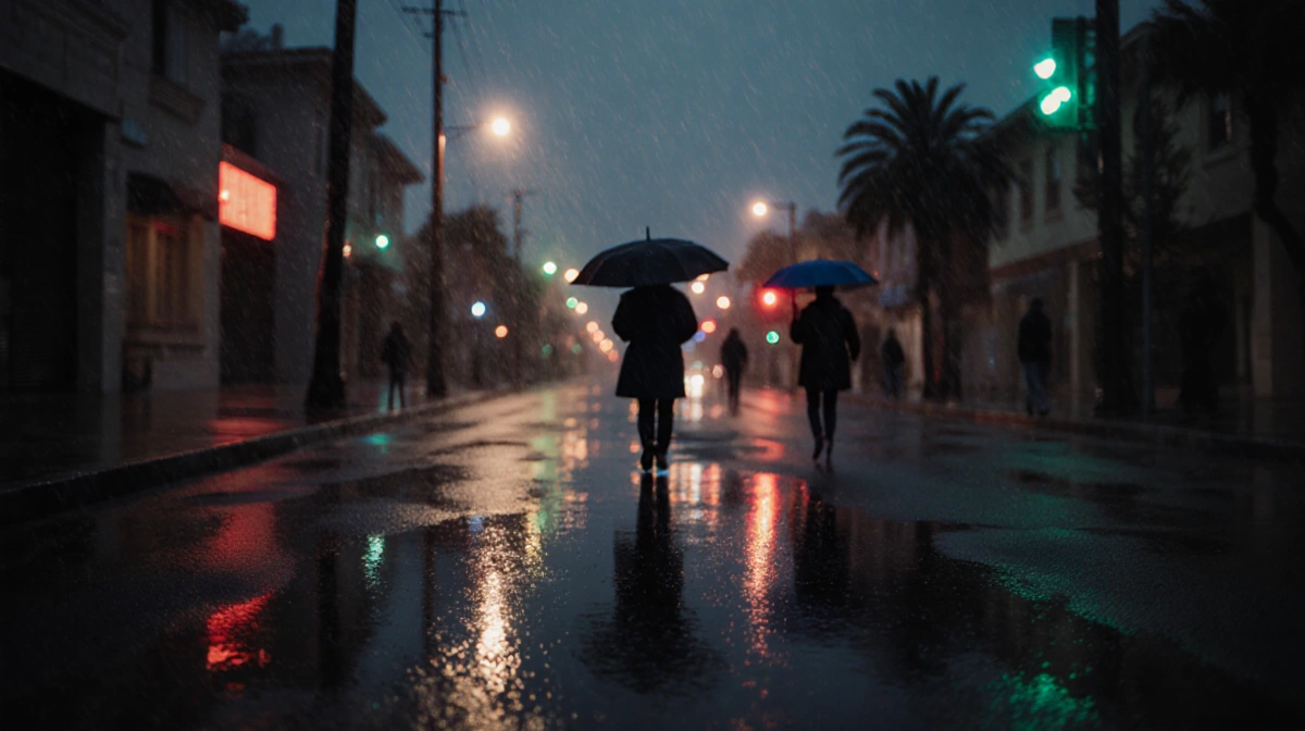 People hurrying along rain‑soaked street with bright streetlights reflecting puddles