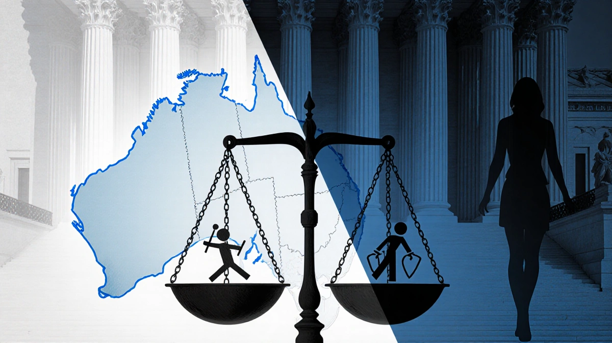 Split courthouse shows justice scales over Australia map with trafficking symbols and woman's silhouette