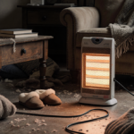 Space heater radiates warm light with scattered blankets and pillows surrounding it