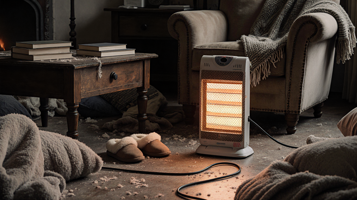 Space heater radiates warm light with scattered blankets and pillows surrounding it