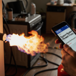 Person holding a fire extinguisher with a flickering space heater and burning extension cord in a cluttered room