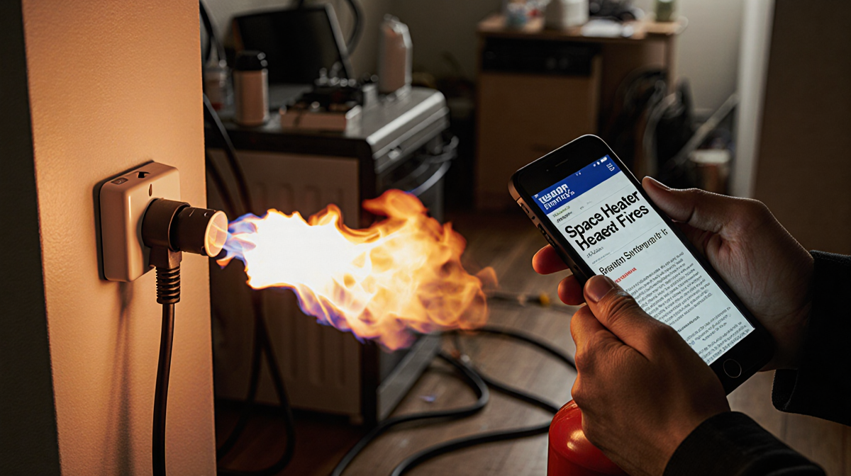 Person holding a fire extinguisher with a flickering space heater and burning extension cord in a cluttered room