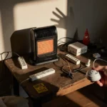 A concerned homeowner grasps a smoke detector while a space heater sits on the cluttered table with extension cords and power