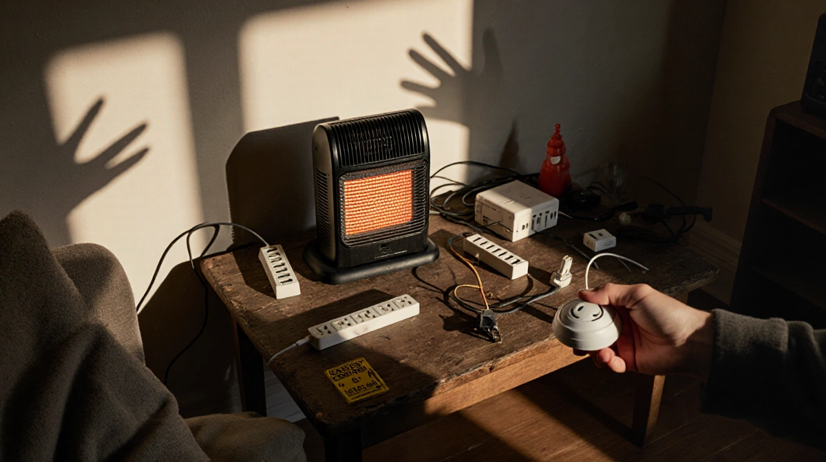A concerned homeowner grasps a smoke detector while a space heater sits on the cluttered table with extension cords and power