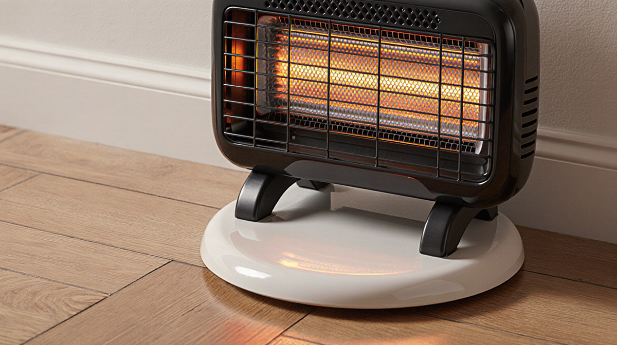 Space heater positioned on hardwood floor with ceramic base and a 3-inch clearance to the side viewed from above.