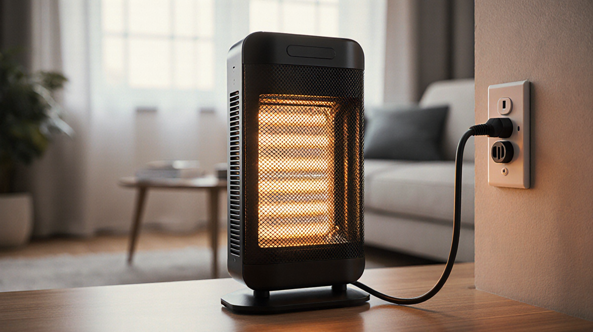 Space heater with its power button pressed down off and cord plugged into outlet with a blurred background and cozy lighting