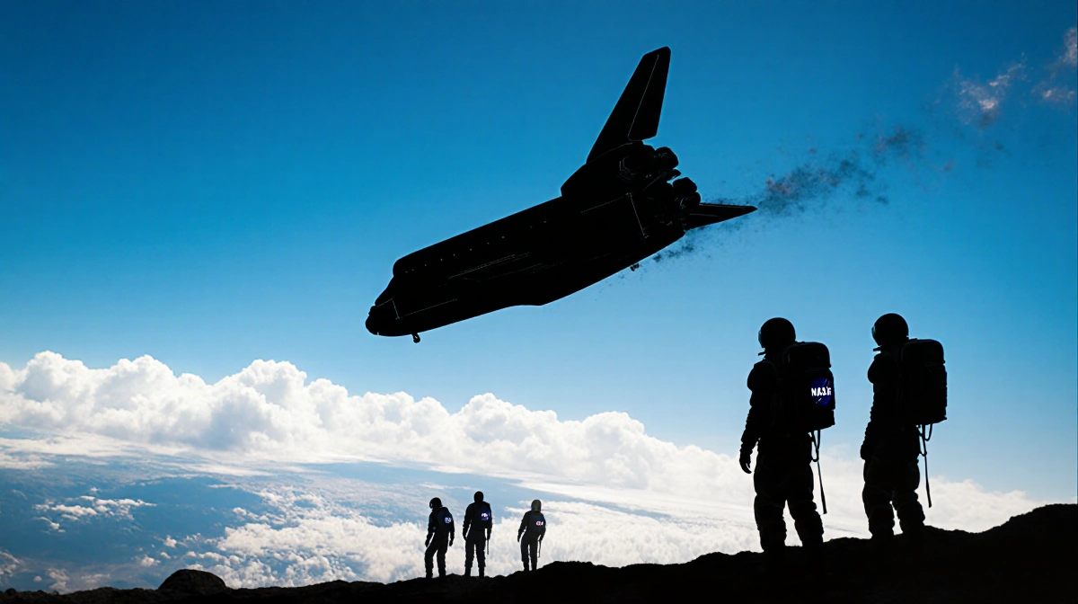 Space shuttle emergency landing with NASA medical team waiting and bright sky with clouds