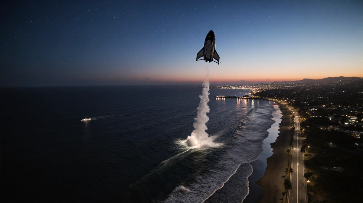 Spacecraft descending toward San Diego coastline at sunset with boat waiting near jetty