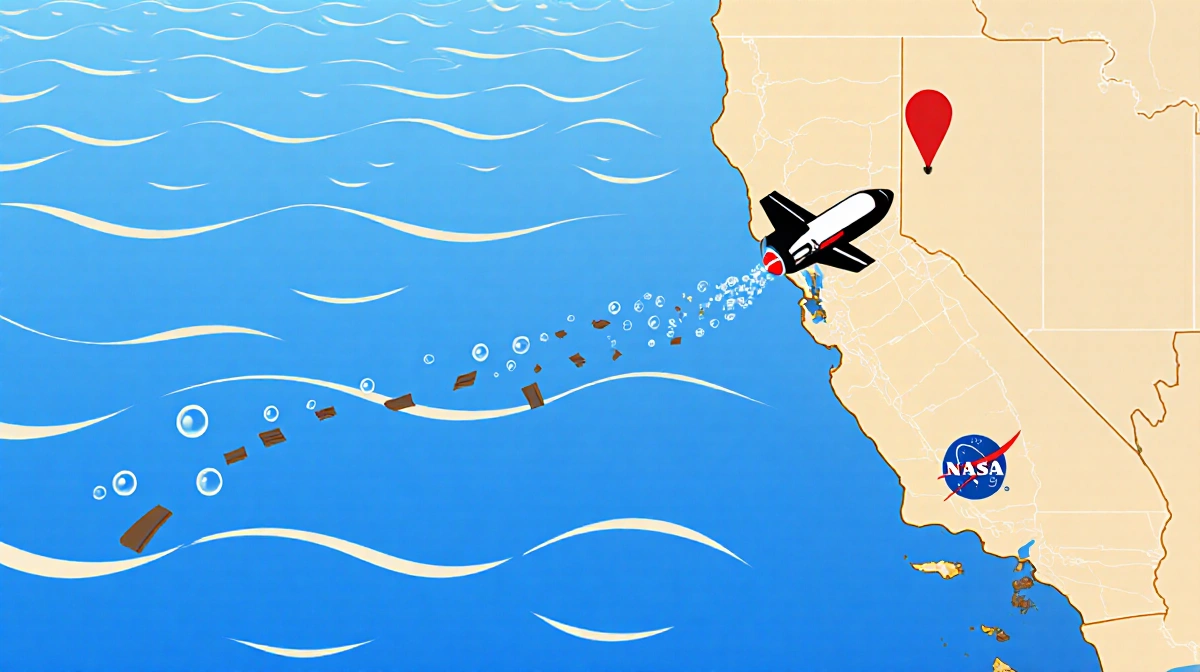 SpaceX Dragon spacecraft soaring above California coastline map with red pin marking San Diego and ocean waves below