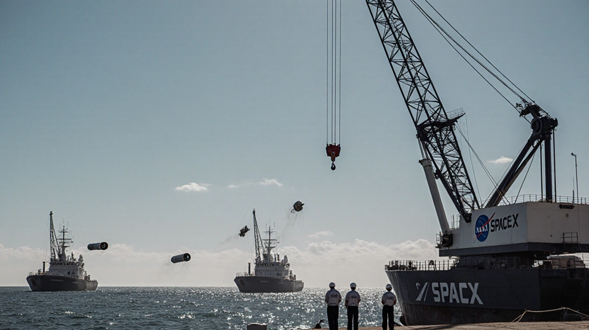 SpaceX recovery team operating crane with spacecraft and docked vessel on San Diego shoreline