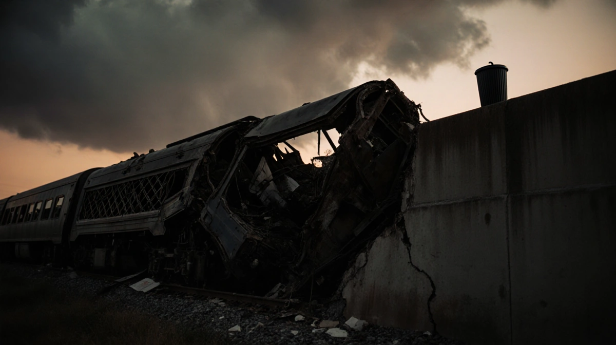 Mangled train wreckage lies twisted against a cracked retaining wall with debris scattered beneath stormy late afternoon sky