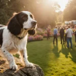 Spaniel Bracken stands on cliff edge with paws on rocks and tail wagging while volunteers rescue him near the garden.