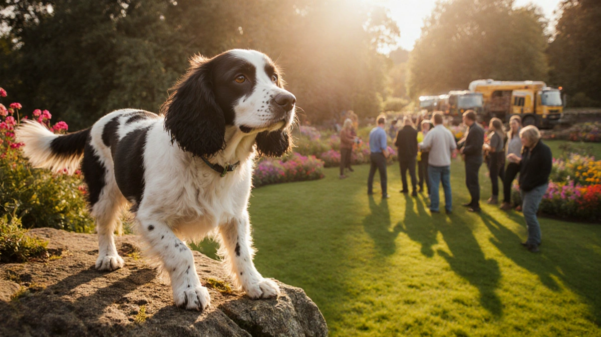 Spaniel Bracken stands on cliff edge with paws on rocks and tail wagging while volunteers rescue him near the garden.