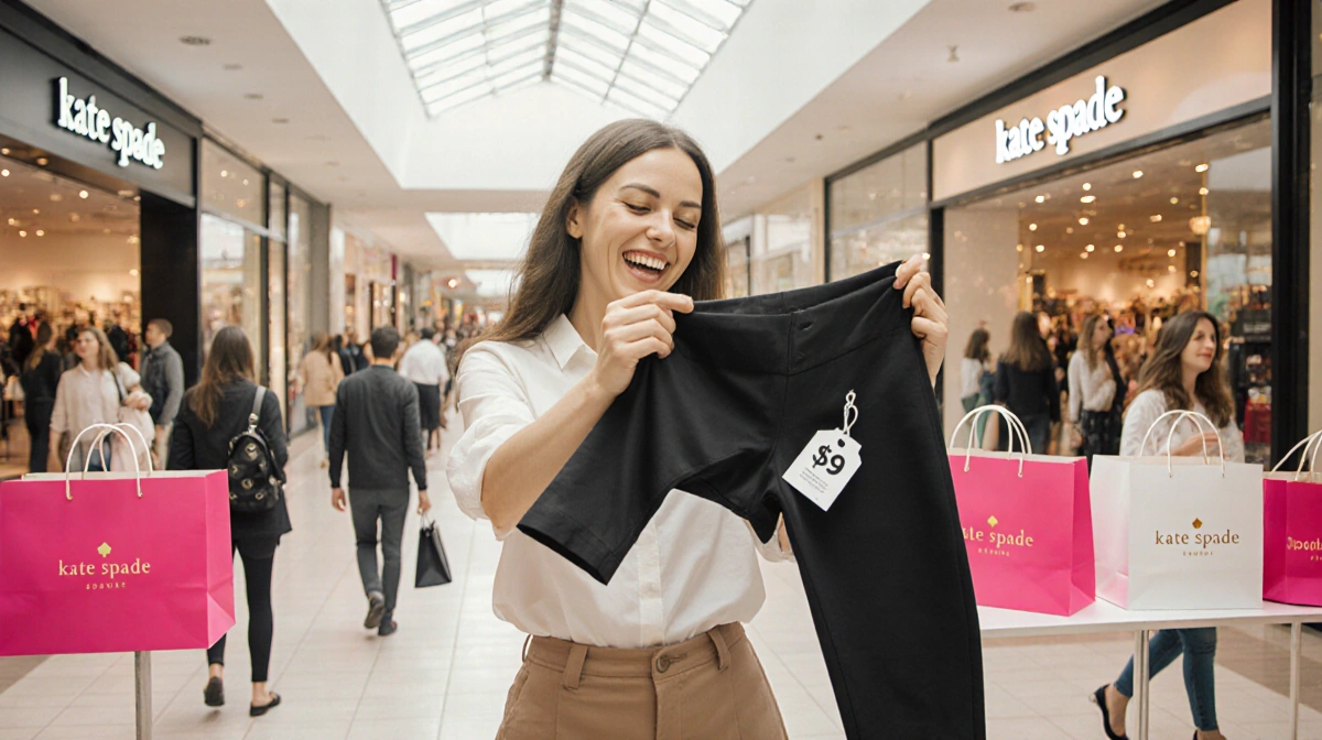 Woman holding Spanx pants with $9 price tag and Kate Spade bags visible behind her in mall