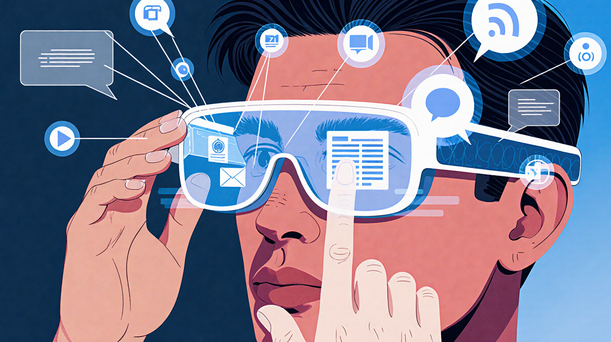 Specs AR glasses with see-through lenses showing virtual icons while hands touch 3D objects and voice bubbles float near head