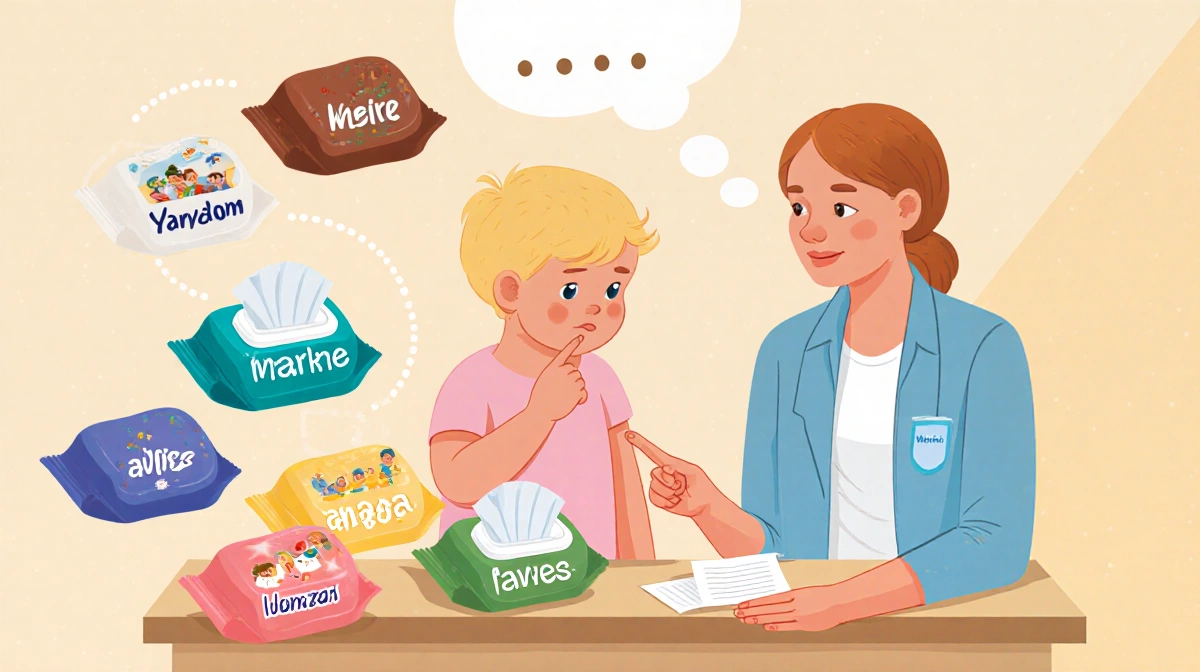 Speech therapist pointing to baby wipe lid with family name while toddler sits with thought bubble showing sound learning
